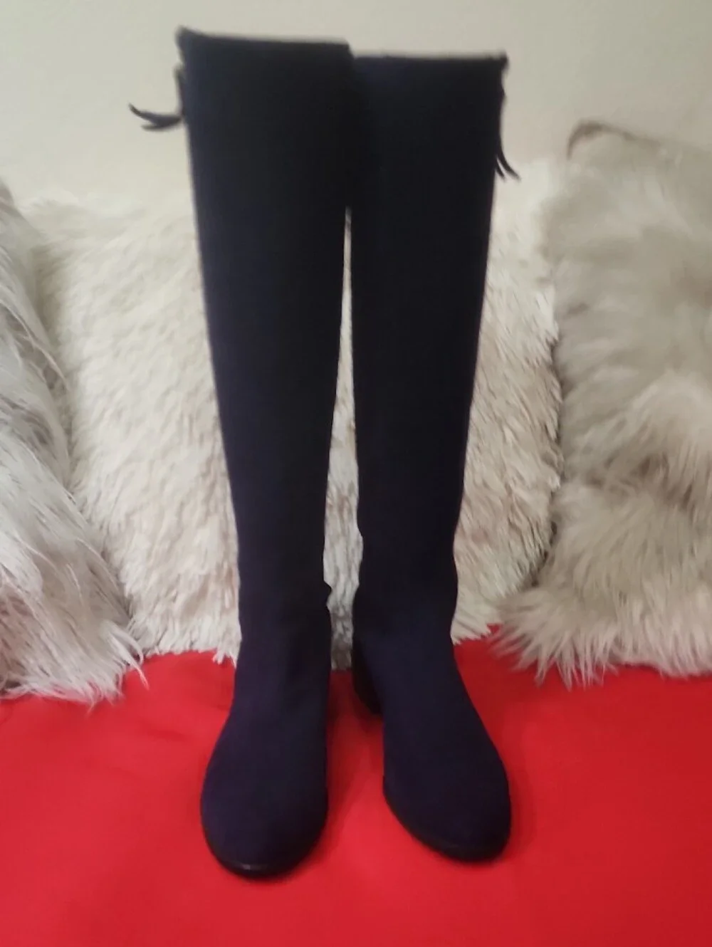 Stuart Weitzman Navy Suede Knee High Boots with Silver Zippers